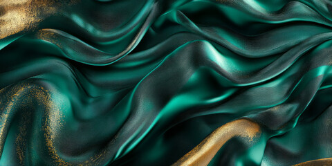 Obraz premium A luxurious 3D background featuring a textured surface resembling rippling silk. The deep, rich colors of emerald green and gold shimmer under soft directional lighting, creating an elegant and
