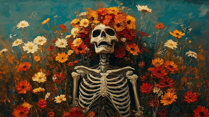 Impasto Oil Painting of Skeleton Surrounded by Vibrant Autumn Flowers