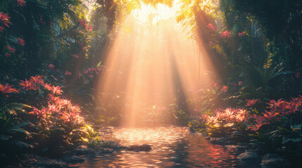 Enchanting sunlight streaming through lush jungle foliage tranquil waterway nature photography serene atmosphere