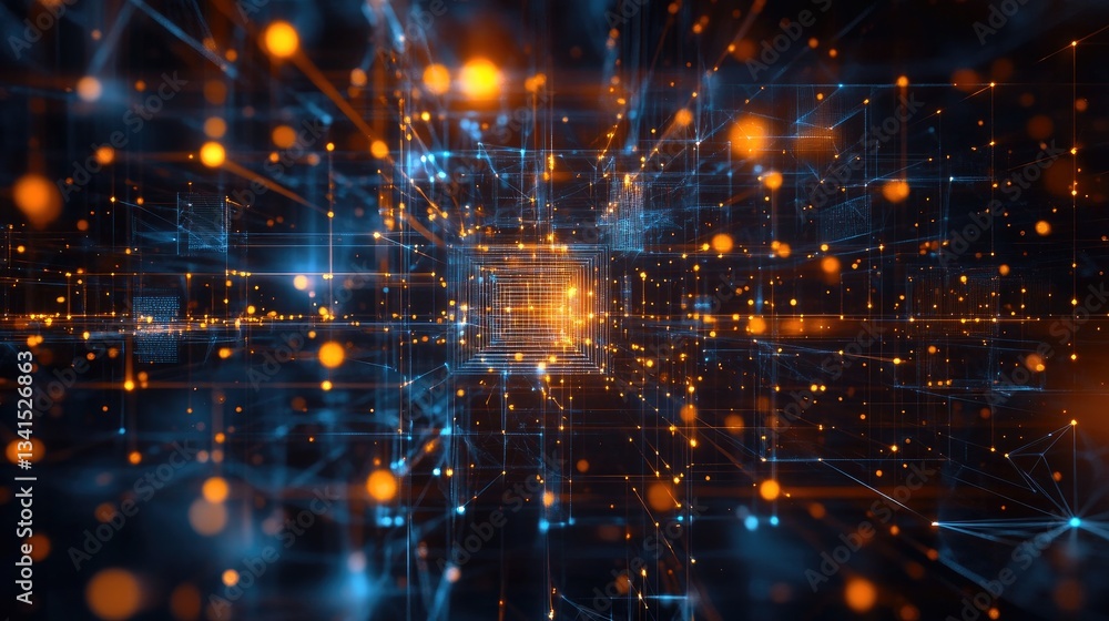 Poster abstract digital network visualization with orange and blue glowing lights and interconnected lines