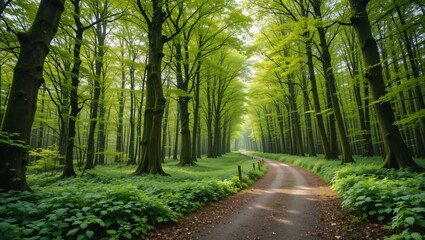 Naklejka premium Forest Path, Sunlight, Green Trees