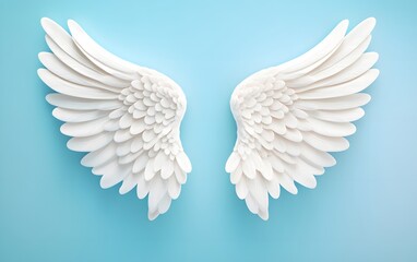 Ethereal angel wings in soft white, intricately layered against a delicate sky-blue gradient