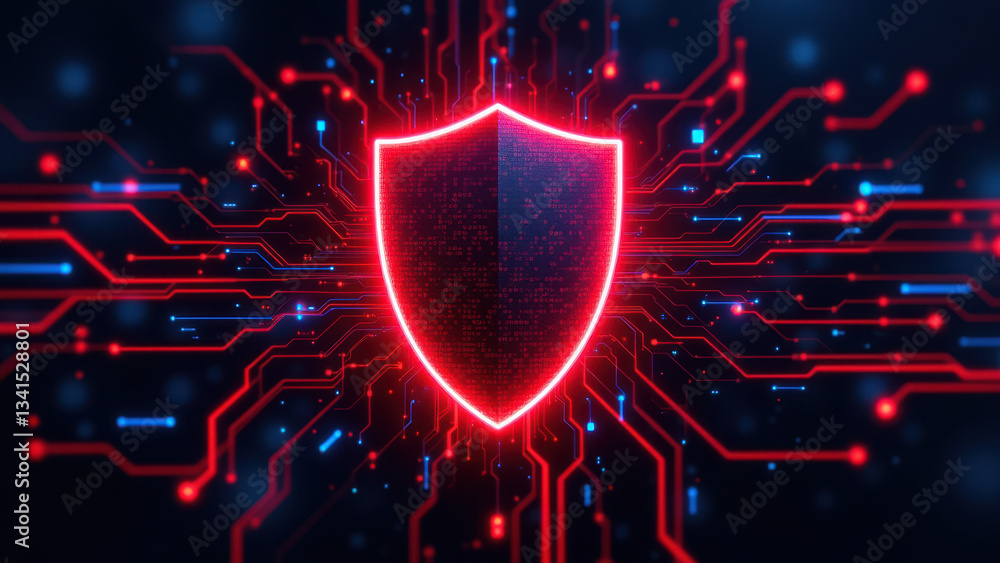 Aufkleber cybersecurity symbol with a glowing red shield over digital circuits.