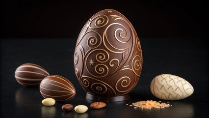 Luxurious Assorted Chocolate Easter Eggs with Swirl and Stripe Patterns on Black Background, Gourmet Holiday Collection, Elegant Food Photography