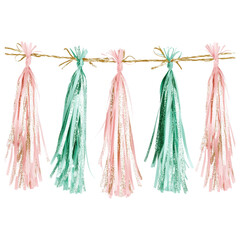 Decorative tassel garland in pink and green colors, perfect for parties and celebrations, adds festive touch to any event