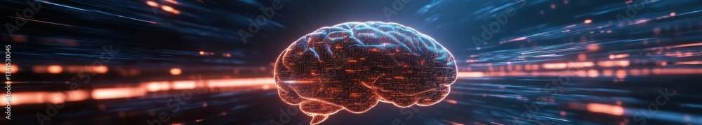 Aufkleber A digital brain floating in the air, surrounded by glowing data streams and cyberpunk elements. The background is dark with orange light accents.