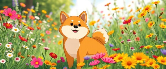 Fototapeta premium Adorable cartoon Shiba Inu amidst vibrant wildflowers and lush greenery, sunny day, canine, wildlife