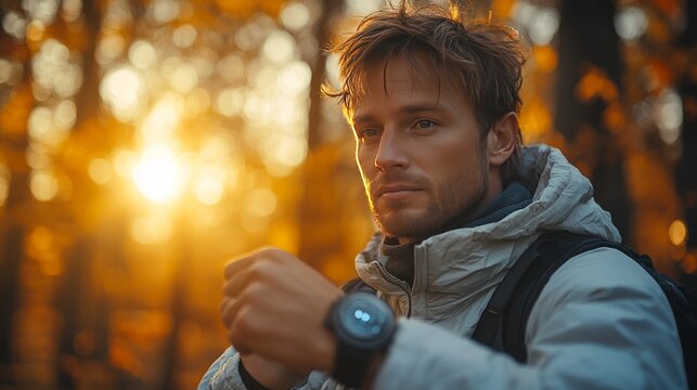 Handsome man hiking in autumn forest, checking his smartwatch at sunset.