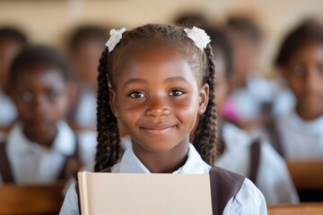 A confident girl holding a book stands out in a classroom filled with her classmates, displaying enthusiasm for learning and the joy of education in her expression.