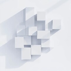 Fototapeta premium 3D rendering of a simple white background with abstract cubes, a flat lay composition, in a minimalist style, with a white color theme, geometric shapes, soft shadows, and a light effect,
