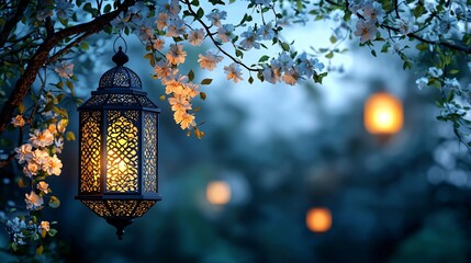 Floral Lantern Evening Garden Scene