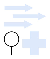 Fototapeta premium Blue arrows pointing right for direction and motion, magnifying glass for analysis, plus symbol for growth. Ideal for innovation, research, progress, solutions, navigation focus healthcare. Flat