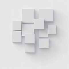 3D rendering of a simple white background with abstract cubes, a flat lay composition, in a minimalist style, with a white color theme, geometric shapes, soft shadows, and a light effect,