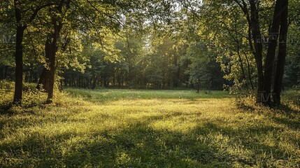 Fototapeta premium A serene forest clearing bathed in golden sunlight