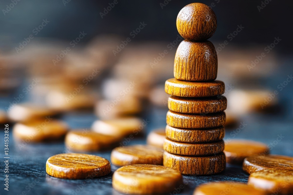 Poster close-up of wooden stacking game pieces on a dark surface, creating a balanced tower of natural elem