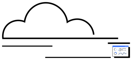 Large outlined cloud paired with a small data dashboard featuring graphs and analytics. Ideal for technology, cloud storage, software, data, analytics, innovation, business strategies. Flat simple