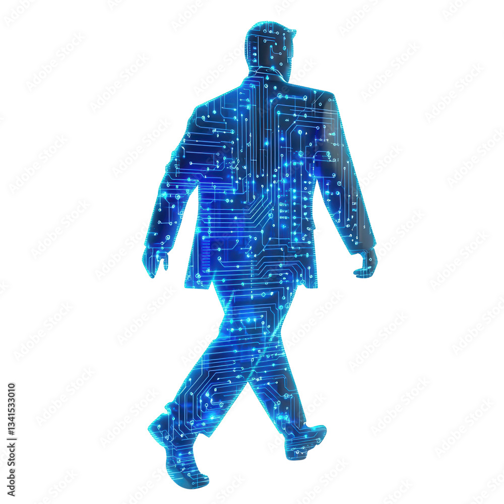 Poster silhouette of a man with a circuit board design overlay. isolated on white background