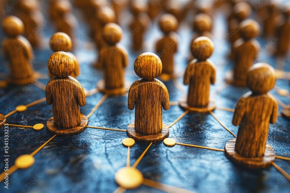 Poster wooden figures represent unity and connection in a digital network, symbolizing collective intellige