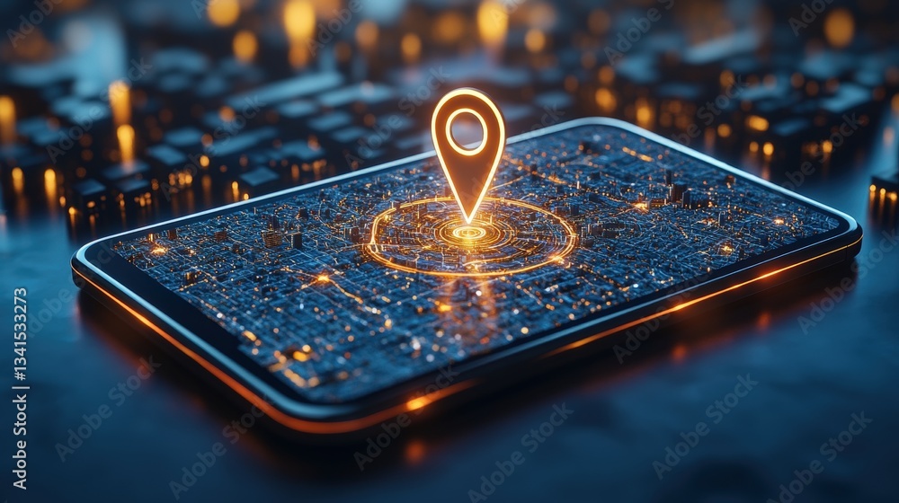 Poster glowing location pin above miniature illuminated city on smartphone screen symbolizing cutting-edge 