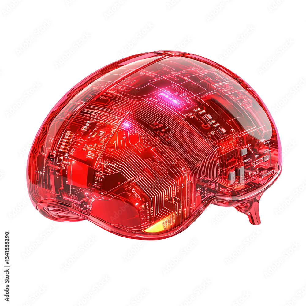 Poster futuristic brain with circuitry design in red hues. isolated on white background