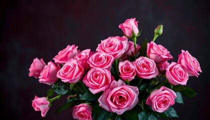 A lush bouquet of pink roses, elegantly arranged, set against a moody, dark abstract backdrop, passion, vibrant