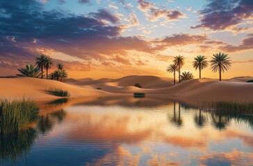 Naklejka premium Dreamy desert oasis scene at dusk, water reflecting