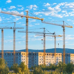 Cityscape Construction Cranes Sunset.
