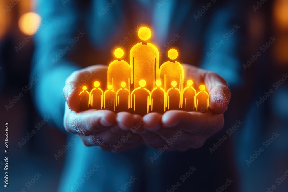 Poster hands holding glowing figures representing teamwork, collaboration, unity, and leadership in a digit