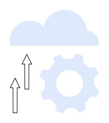 Gear and arrows moving toward a cloud, symbolizing data upload, technology, digital processes. Ideal for IT, cloud computing, automation, innovation digital strategy system upgrade. Flat simple