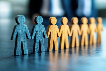Diverse Wooden People Figurines Representing Teamwork, Collaboration, and Unity in a Professional Setting for Business Conceptual Imagery