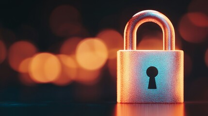 Digital lock glowing in neon colors on a server rack in a data center representing digital encryption, cybersecurity protection, and advanced cloud technology securing data flow and cloud systems