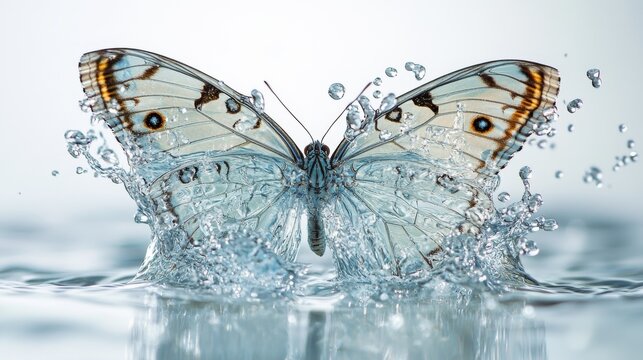 White butterfly emerging from water, splashing.