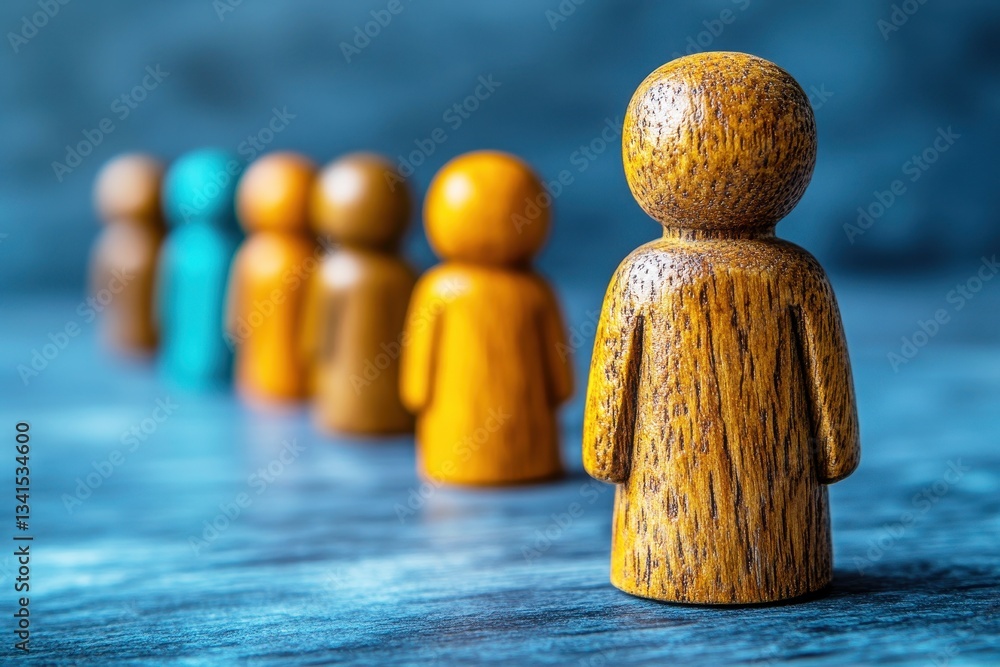Poster wooden figurines standing in a row with a blurred background showcasing different colors and texture