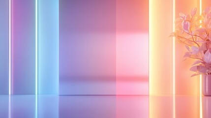 A serene, colorful background featuring soft gradients and a delicate plant in a modern vase, creating an inviting atmosphere.