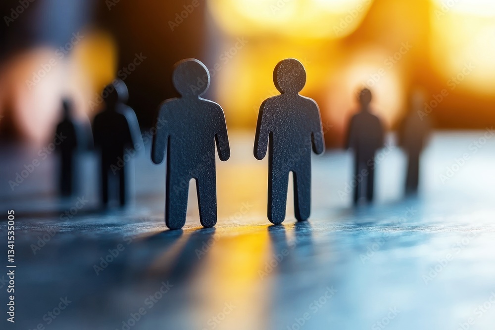 Poster silhouettes of unique abstract figures standing in front of bright orange and yellow background with
