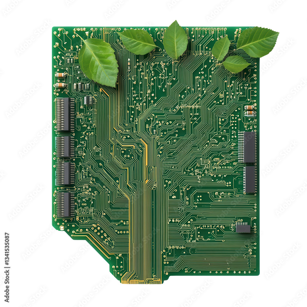 Poster circuit board design with leaves symbolizing nature and technology harmony. isolated on white backgr
