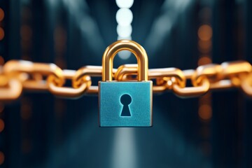 Data center with a chain and lock securing digital data storage and network cables illuminating the high tech environment