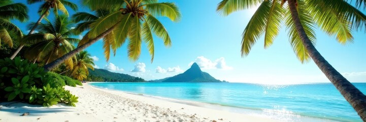White sand, palm trees framing distant island silhouette, island getaway, image, green