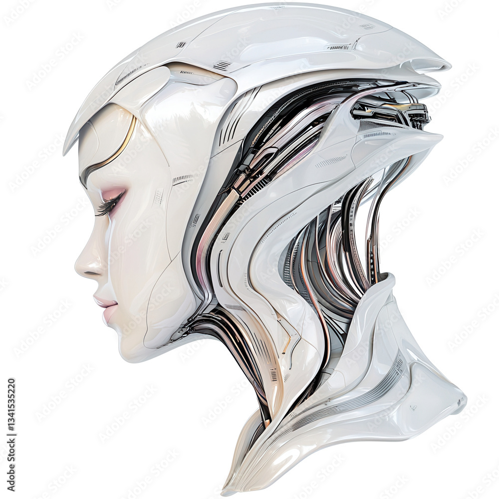 Poster futuristic robotic head with intricate design and sleek features. isolated on white background