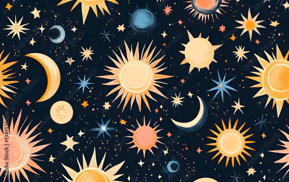 Poster minimalist celestial sun and moon symbols arranged in a modern boho-style seamless pattern