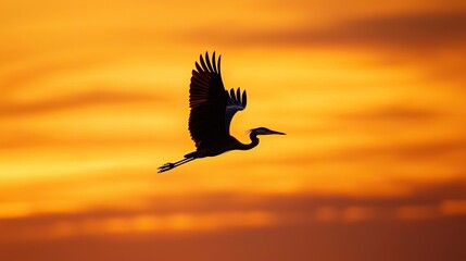 Obraz premium A bird in flight, its silhouette outlined against a glowing orange sky.