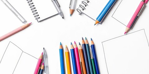 A pencil sketch of pencils and notepads on a light background, showcasing various stationery items,  hand drawn,  details