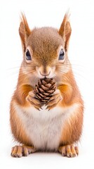 Fototapeta premium Woodland animals habitat hidden. A cute squirrel holding a pine cone, displaying its fluffy fur and large eyes, positioned against a light background.