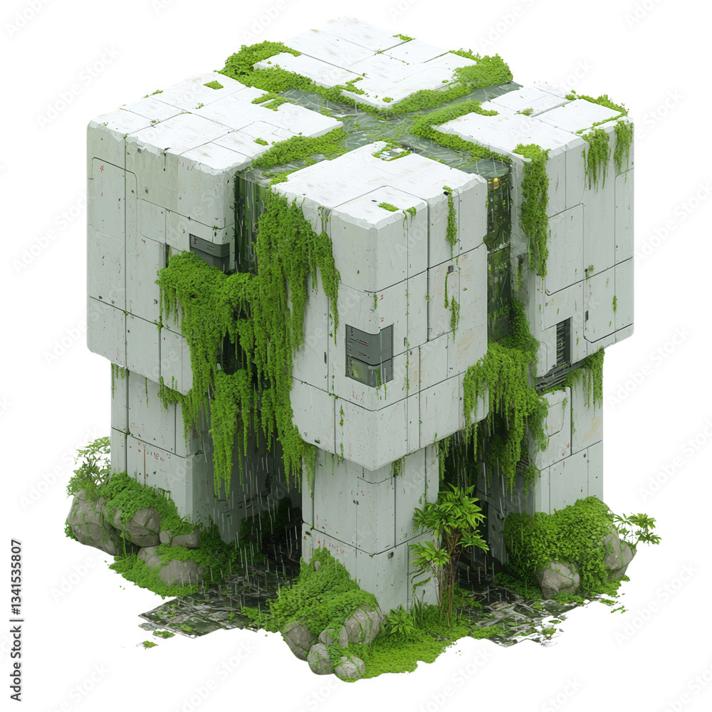 Poster futuristic structure covered in greenery and vines. isolated on white background