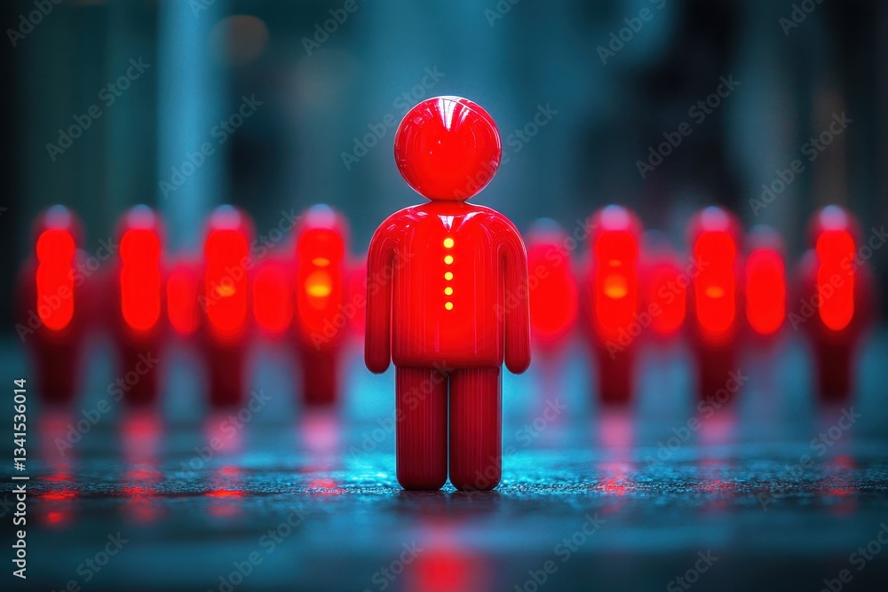 Poster red figurines on reflective surface in dimly lit urban environment highlight technology and innovati