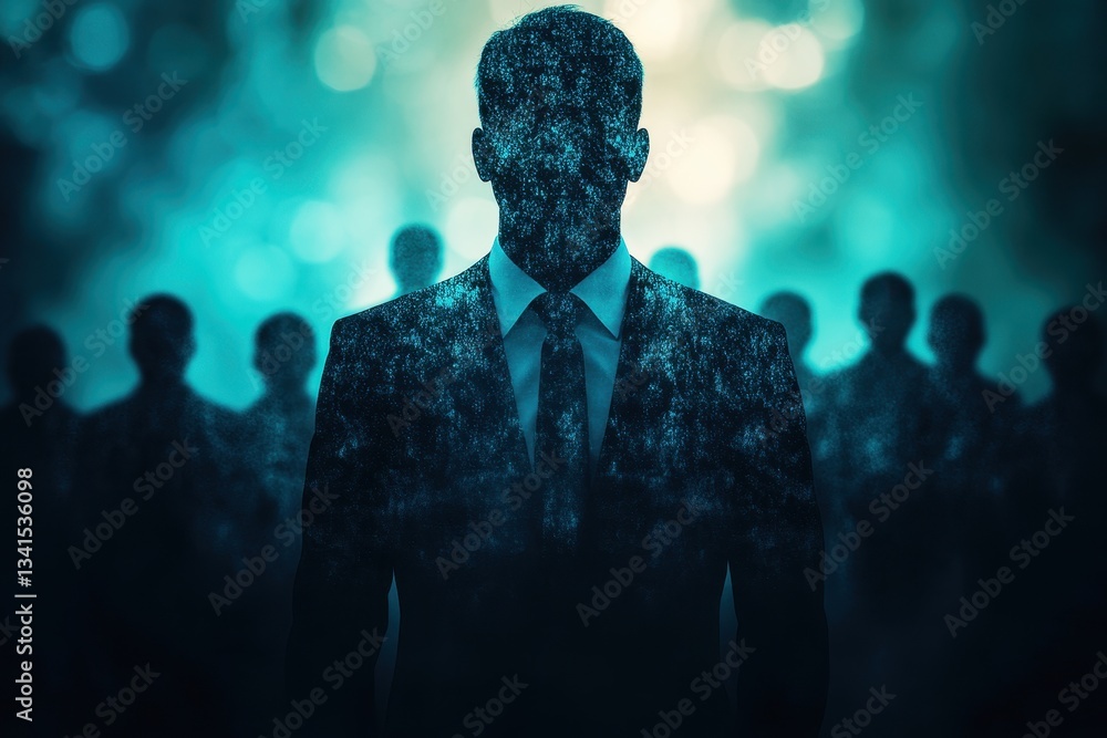 Poster silhouetted businessman surrounded by abstract figures with teal and blue background creating a myst