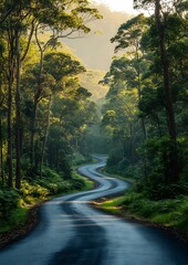 A scenic road stretching into the horizon with sunlight filtering through dense trees tranquil setting