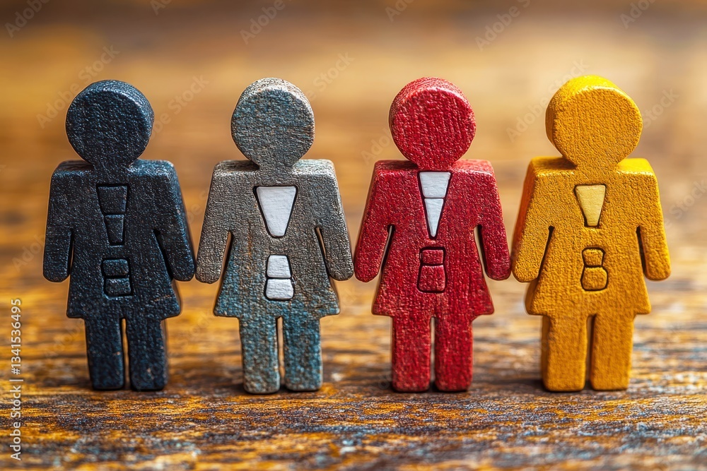 Poster colorful wooden figurines representing diversity and inclusion with exclamation marks on display for