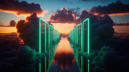 Surreal digital landscape with a mirrored neon green pathway framed by glowing rectangles extending into a dramatic sunset sky with bold clouds