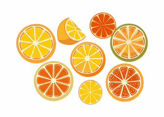 A cheerful and colorful pattern featuring various citrus fruit slices (orange, grapefruit, and lemon) against a plain white background.